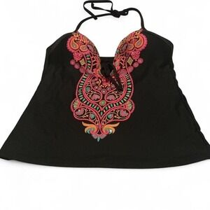 Kenneth Cole New York Black Halter Neck Tankini Top V Neck Tie Front XL